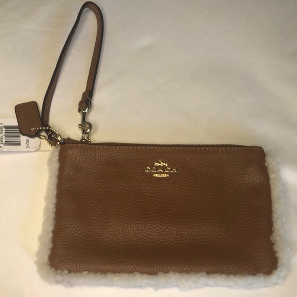 Coach Sherpa Saddle Tan Shearing Trimmed Leather Wristlet